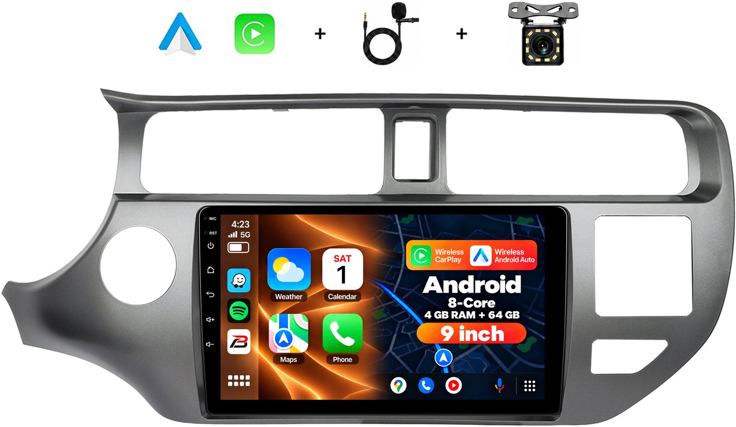 Boscer 2 Din Android 15 Autoradio - Geschikt voor Kia Rio (2012-2014) - Draadloos Apple Carplay & Android Auto - 8-Core 4+64GB - Interne Koeling - 9 Inch HD IPS Touchscreen - GPS Navigatie - WIFI, Bluetooth & USB - Achteruitrijcamera & Microfoon