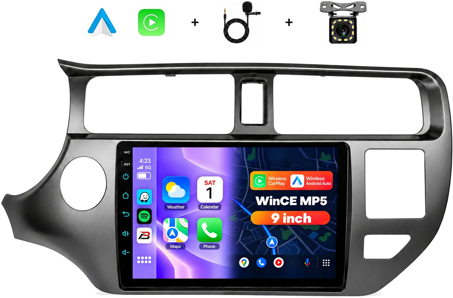 Boscer 2 Din Autoradio met Draadloos Apple CarPlay & Android Auto - Geschikt voor Kia Rio (2012-2014) - 9 Inch IPS Scherm - Bluetooth, Handsfree Bellen & FM Radio - Achteruitrijcamera & Microfoon
