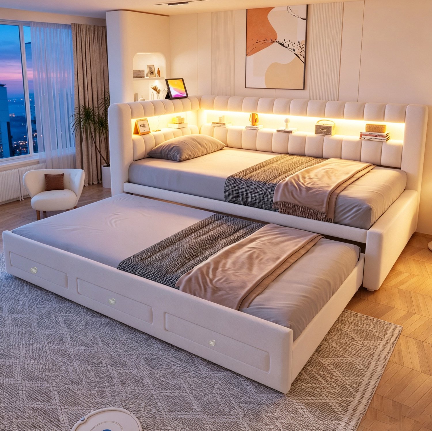 MODENUIT Slaapbank – Uitschuifbaar Bed 90 x 190 cm – Velours – Beige – Opberglades Met Ledverlichting en USB-C