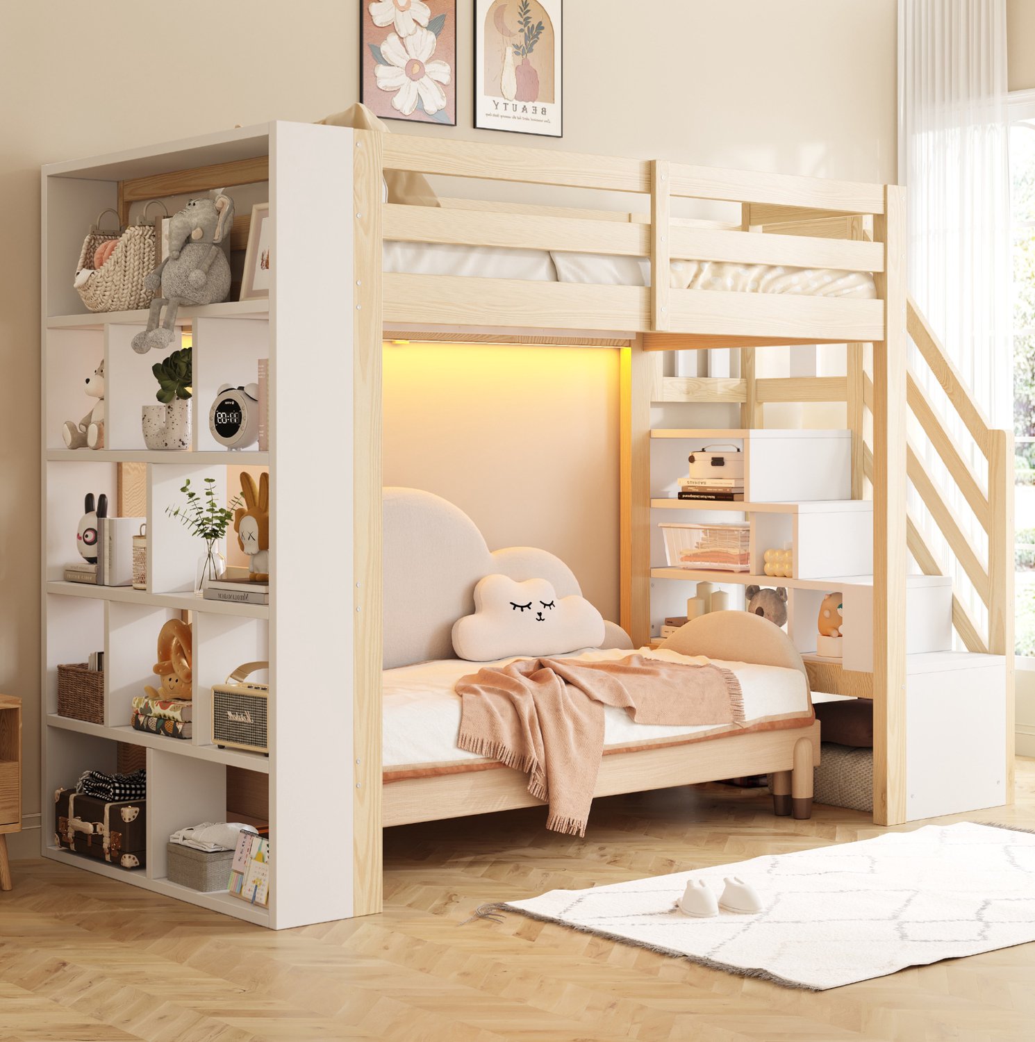 MIVRAY Hoogslaper 90x200 cm - Met Opbergrekken, Opbergtrap, Ledverlichting En Uitvalbeveiliging - Zonder Matras - Hout En MDF - Naturel Wit