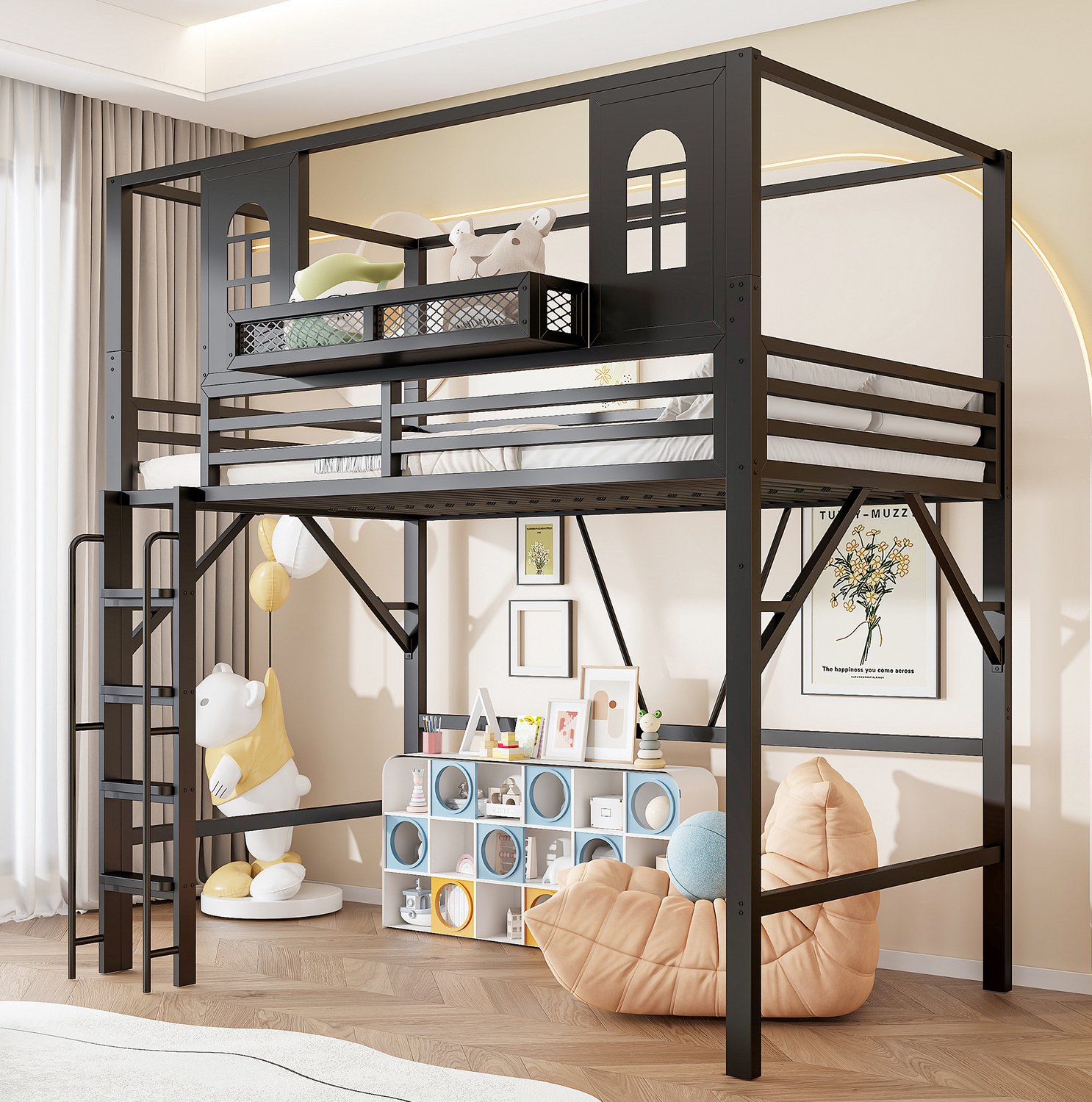 Wishdor Kinderhoogslaper 90 x 200 cm - Huisdesign met ramen - Veiligheidsladder met handgreep - Open ruimte voor spel en bureau - Metalen frame met MDF - Zwart