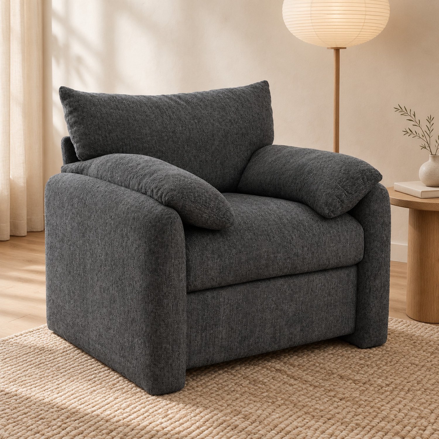 WUVRIE Fauteuil 96x82x84 cm - Chenille bekleding en armleuningen - Grijs