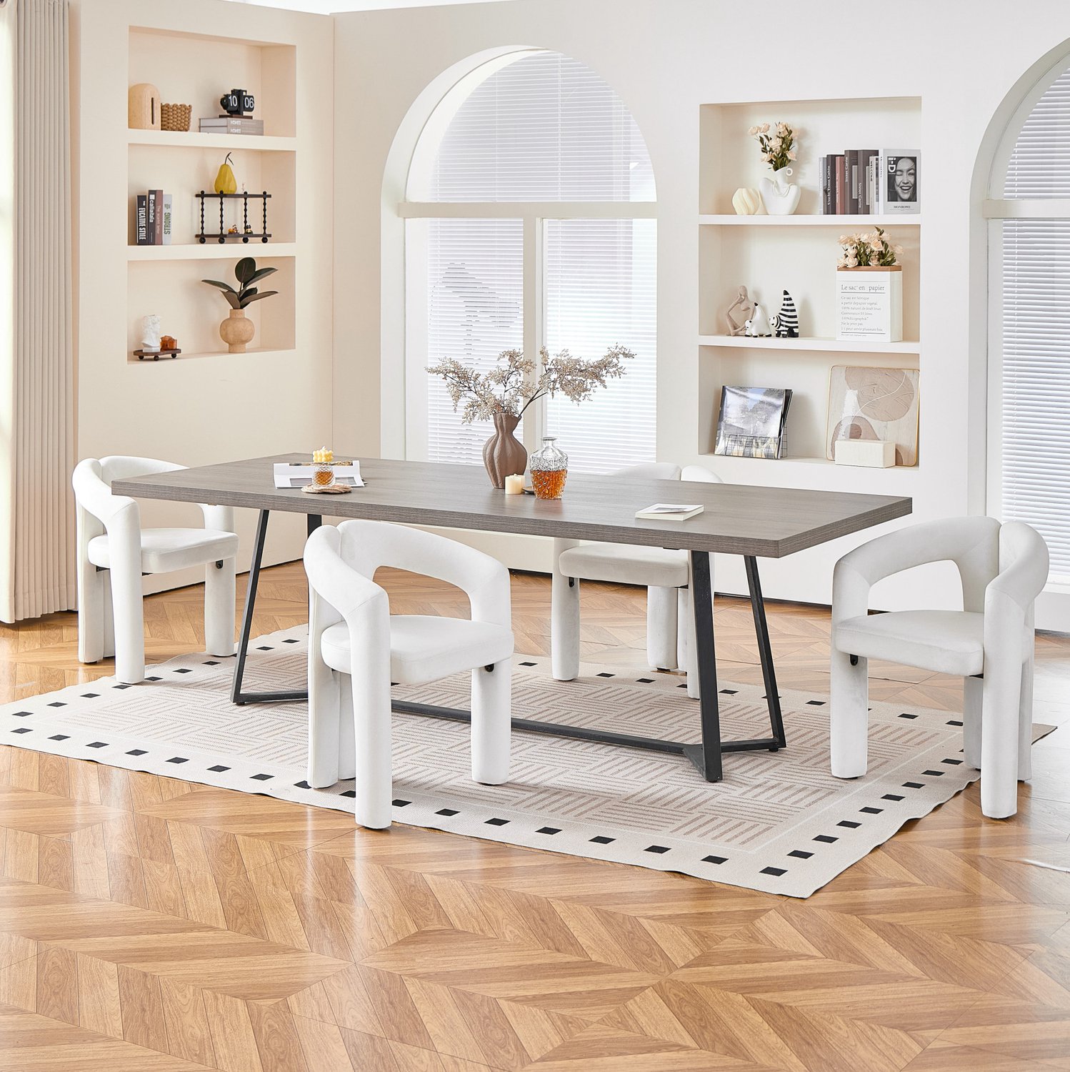 MODFU Eetkamerstoel - Armleuningen - Modern Minimalistisch - Velvet - Beige - Set Van 4