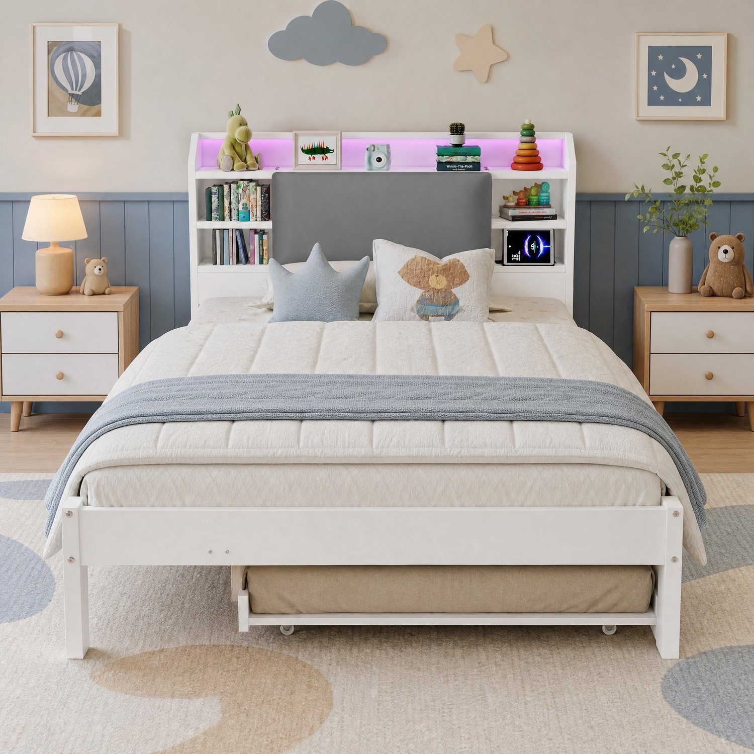 DESMIU Houten Bed 120x200 cm – Uitschuifbed 90x190 cm Met Ledverlichting – Hoofdbord Met Opbergrek en Oplaadstation – Kinderkamer – Wit – Zonder Matras