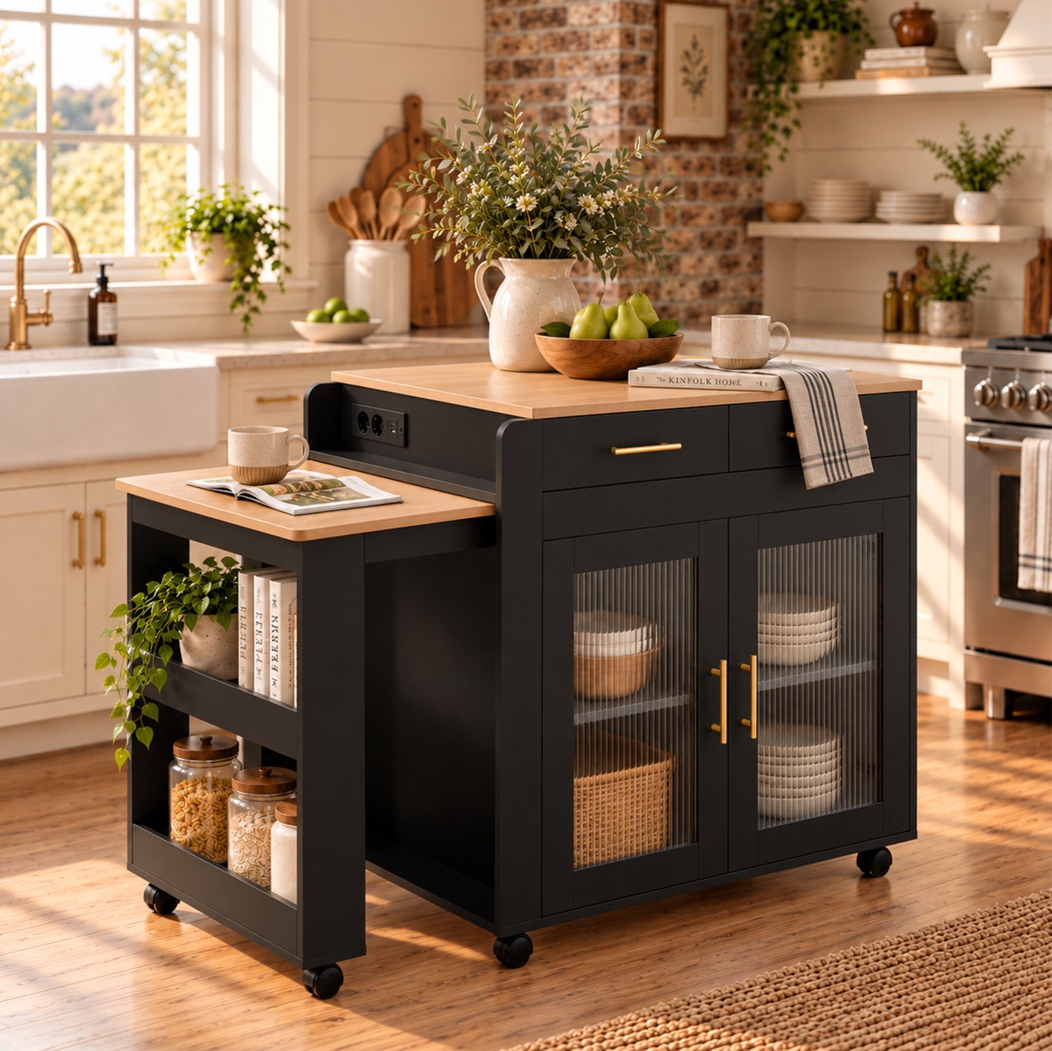 STILVORA Keukeneiland - Uittrekbare Tafel Met Opbergruimte En Stopcontacten - Voor Keuken En Eethoek - Spaanplaat - 177x60x89,5 Cm - Zwart