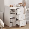 Witte commode in gebruik; een persoon verschoont een baby op het bovenoppervlak met openstaande lades.