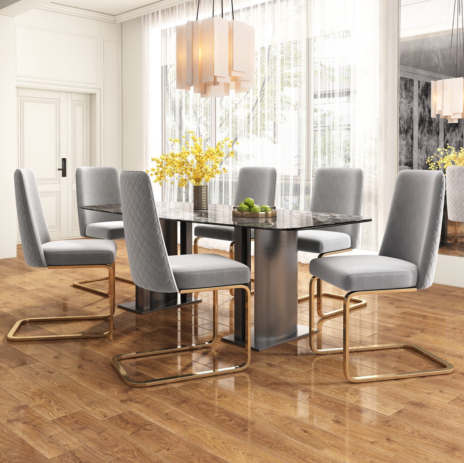 Maisentiel Velvet eetkamerstoelen set van 2 - 88 cm - goudkleurig metalen onderstel - grijs
