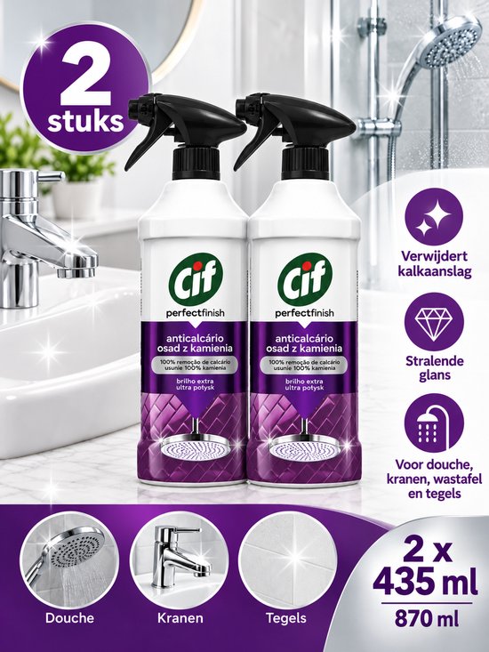 Twee Cif Perfect Finish anti-kalk sprays voor douche, kranen en tegels. 2x435ml voor glanzende resultaten.