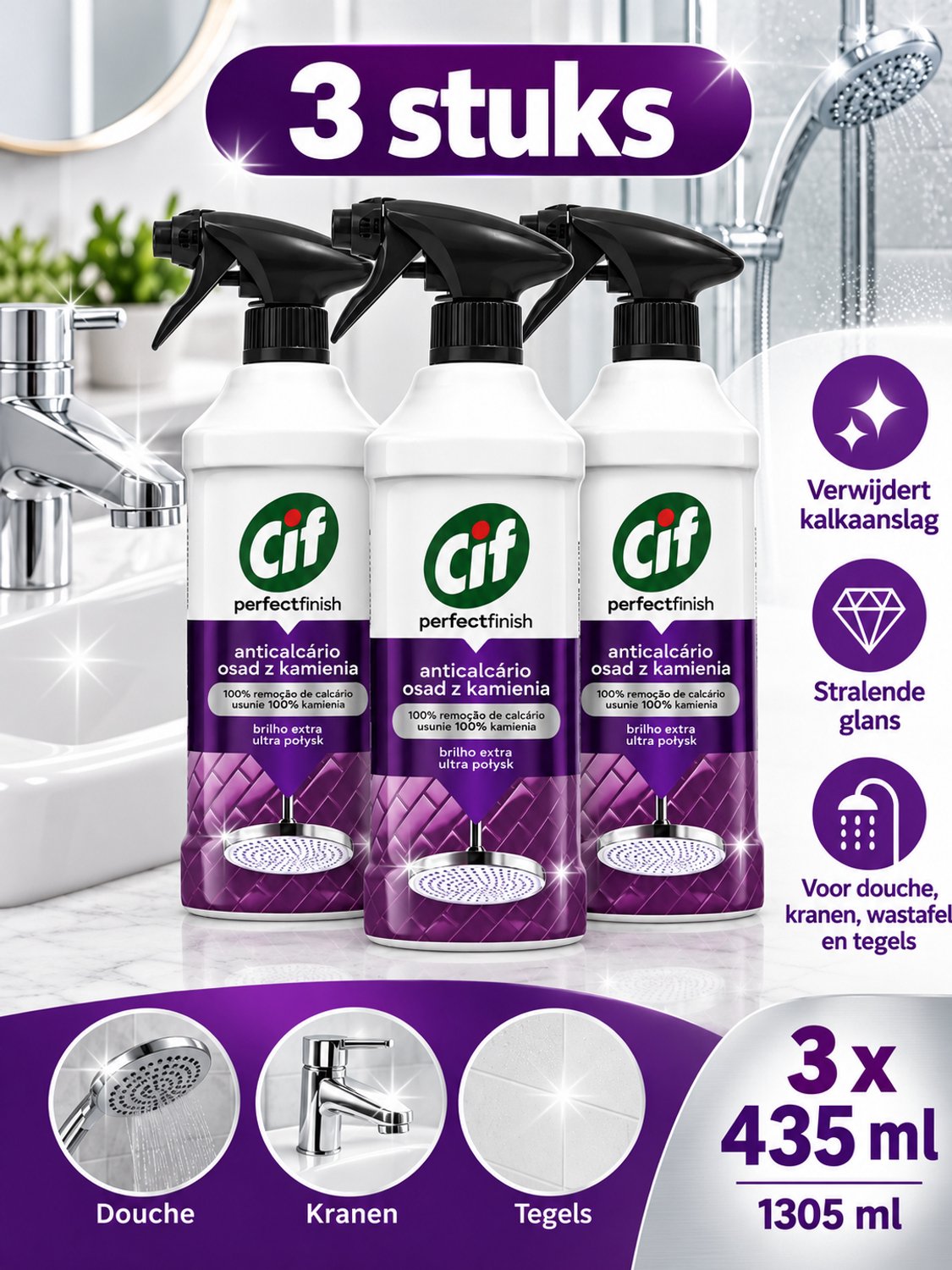 Cif Perfect Finish Anti-Kalk Spray – 3 x 435 ml – Krachtige Kalkverwijderaar – Badkamerreiniger voor Douche, Kranen, Wastafel en Tegels – 1305 ml