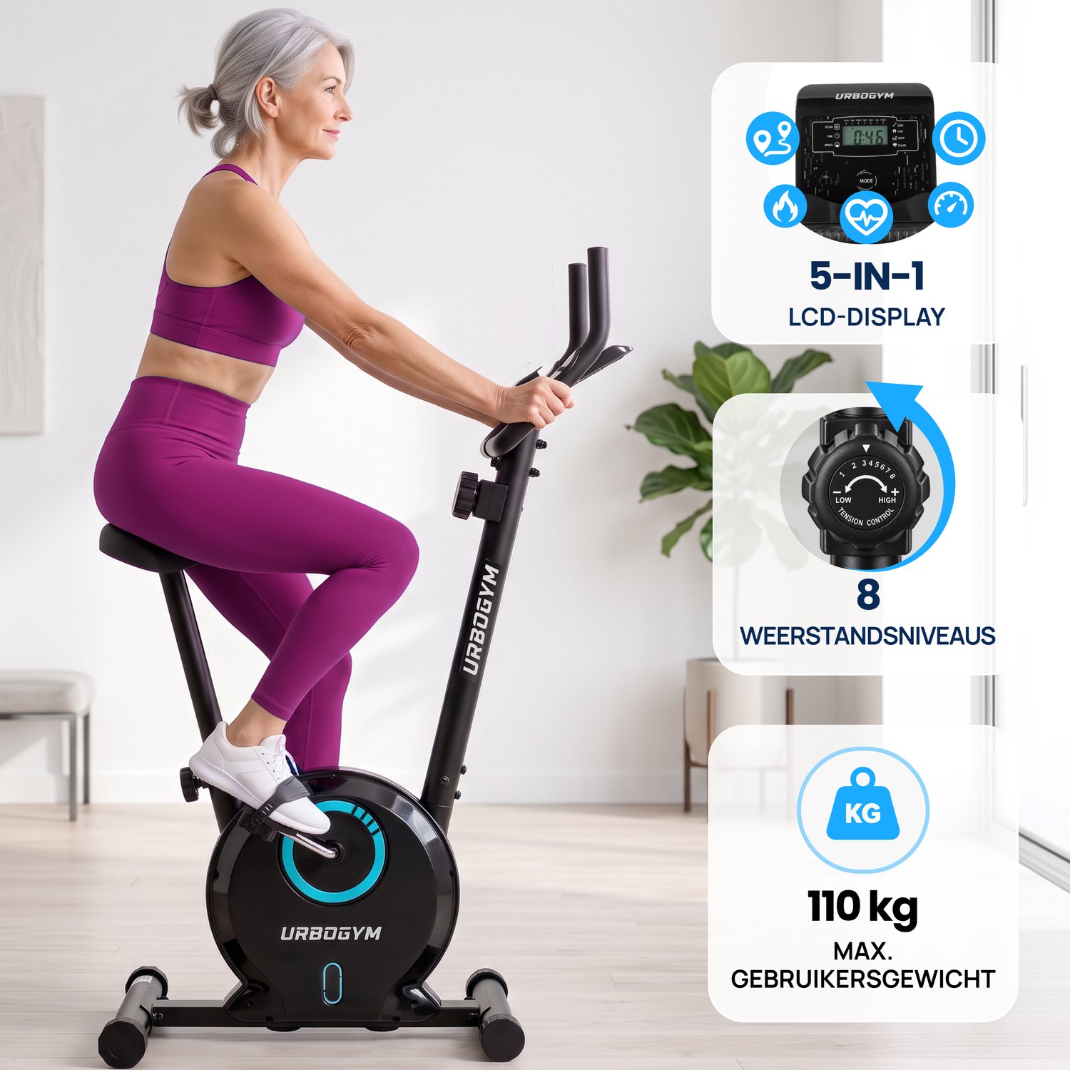 URBOGYM BAY BLUE Hometrainer - Magnetische Fitnessfiets - 8 Weerstandsniveaus - Vliegwiel 3 kg - Max. 110 kg - Blauw