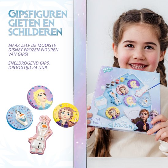 Meisje toont de Disney Frozen knutselset met gipsfiguren. Inclusief 24 uur droogtijd voor sneldrogend gips.