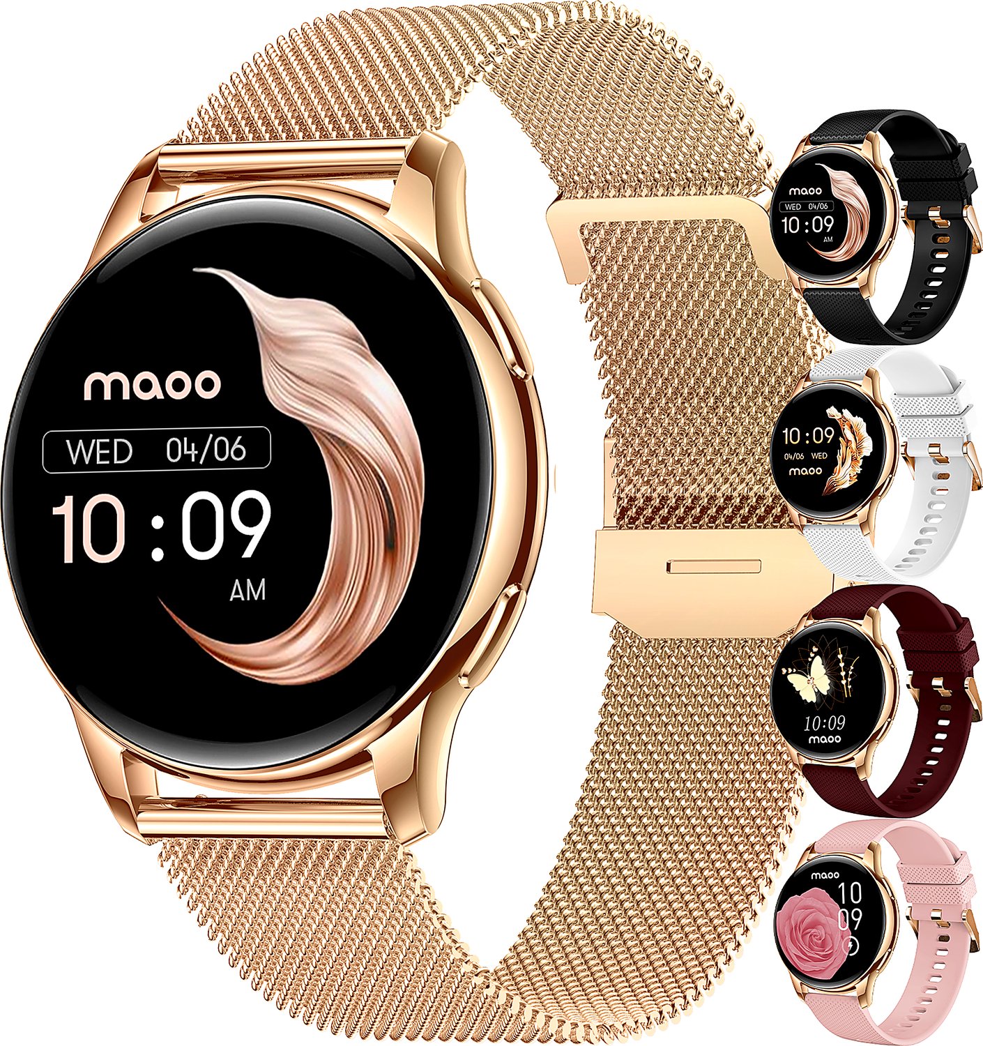 Bol.com Maoo Ventura Smartwatch Dames - Belfunctie - 5 Bandjes - AMOLED - Stappenteller Horloge Dames - Hartslagmeter - Slaapmon... aanbieding