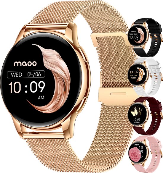 Goudkleurige maoo Ventura smartwatch met metalen bandje, inclusief vier extra siliconen bandjes in verschillende kleuren.