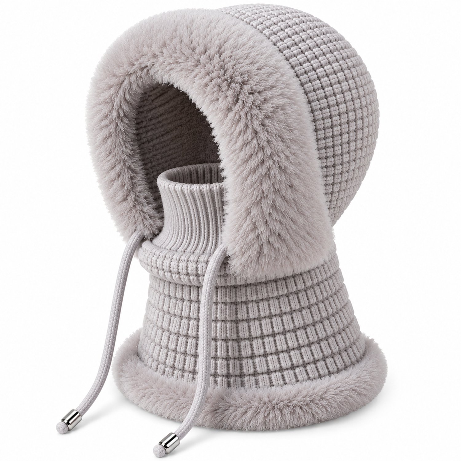 Balaclava Bivakmuts – Warme Wintermuts met Fleece Voering – Gebreide Capuchon met Nekwarmer – Unisex – Windbeschermend Grijs