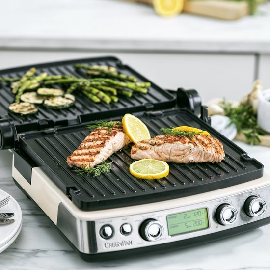 GreenPan Elite Contact Grill - PFAS-vrije antikleeflaag - LCD-display - Antislip - Vermogen: 2200 W - Koudgreep - Met extra wafelplaten - Cloud Cream — afbeelding 3