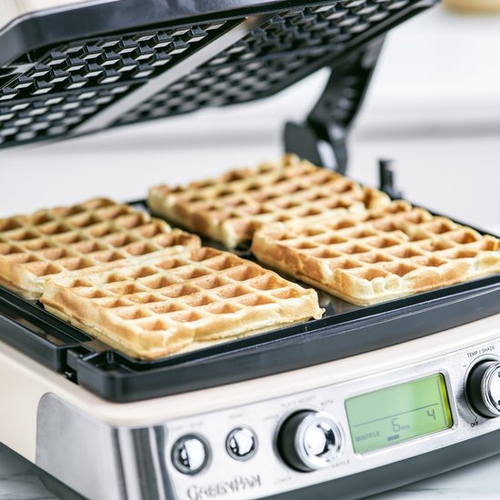 GreenPan Elite Contact Grill - PFAS-vrije antikleeflaag - LCD-display - Antislip - Vermogen: 2200 W - Koudgreep - Met extra wafelplaten - Cloud Cream — afbeelding 4