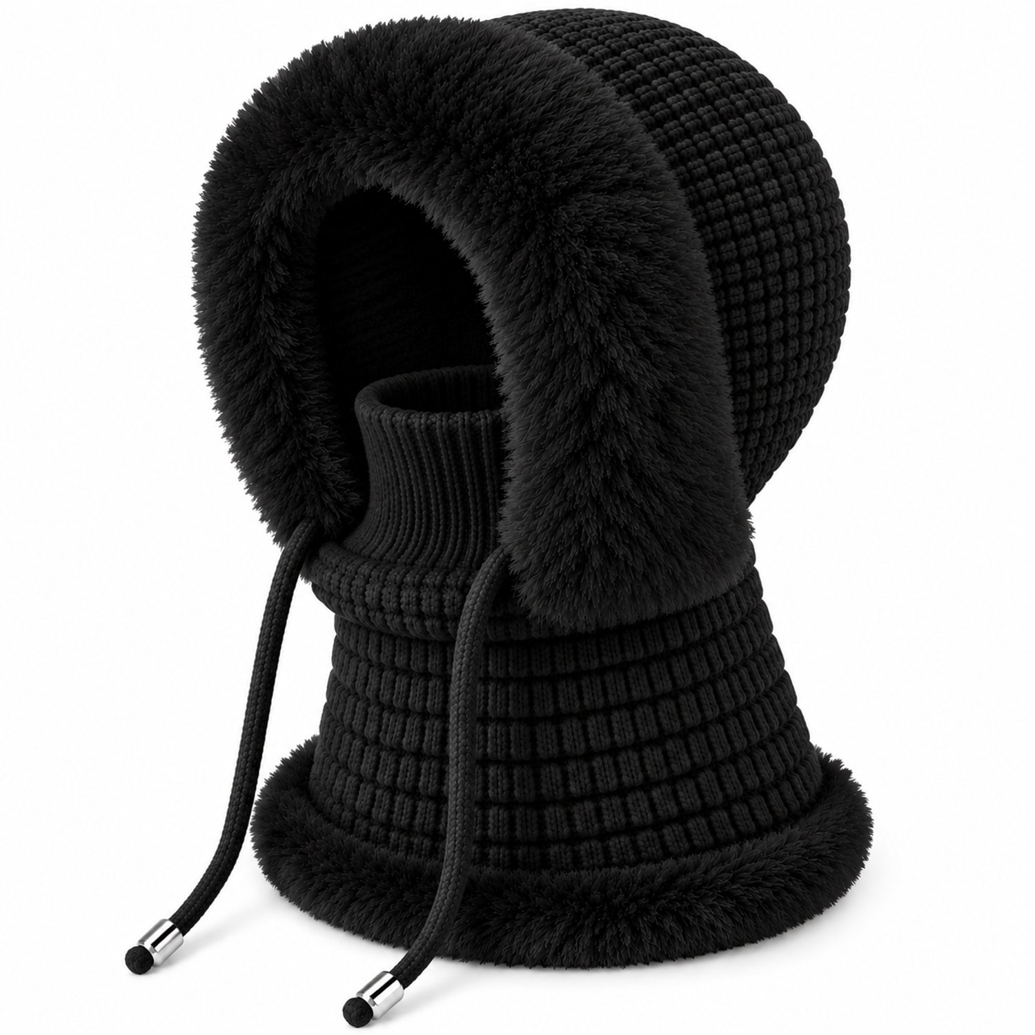 Balaclava Bivakmuts – Warme Wintermuts met Fleece Voering – Gebreide Capuchon met Nekwarmer – Unisex – Windbeschermend Zwart