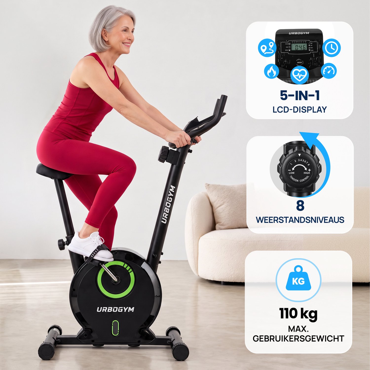 URBOGYM BAY GREEN Hometrainer - Magnetische Fitnessfiets - 8 Weerstandsniveaus - Vliegwiel 3 kg - Max. 110 kg - Groen