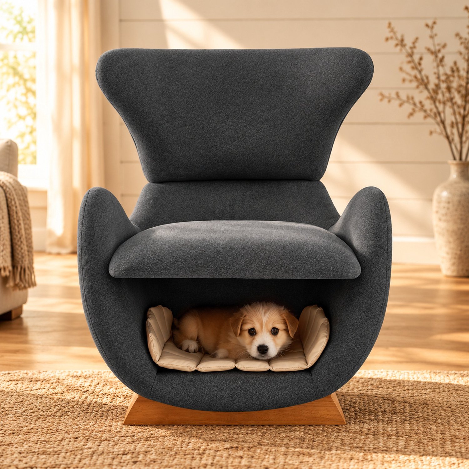 WUVRIE Fauteuil met geïntegreerde huisdierenhol - Krabvaste stof en houten poten - Grijs