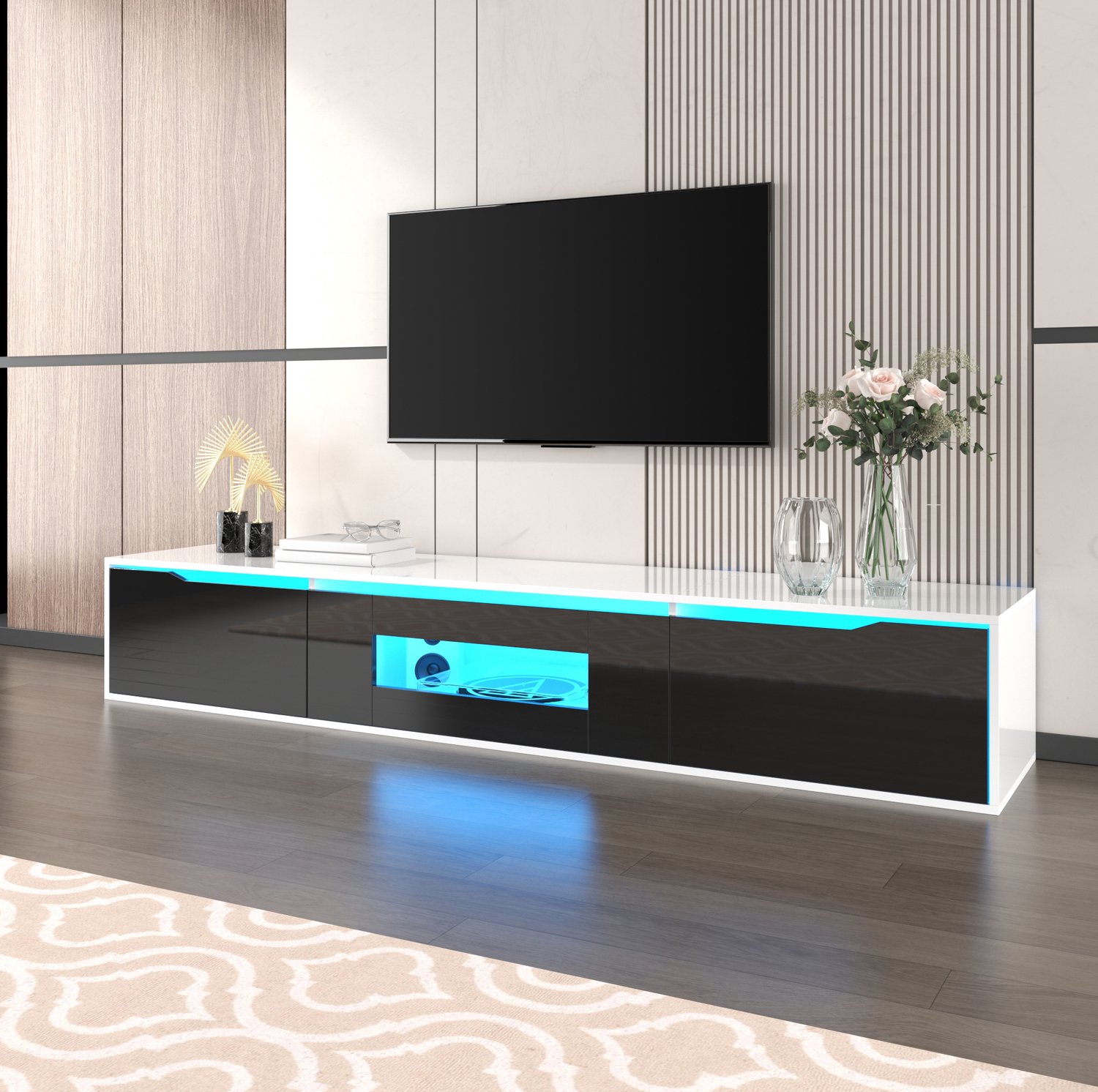 Maisentiel TV-meubel 180 cm met LED-verlichting, hoogglans spaanplaat, zwart-wit