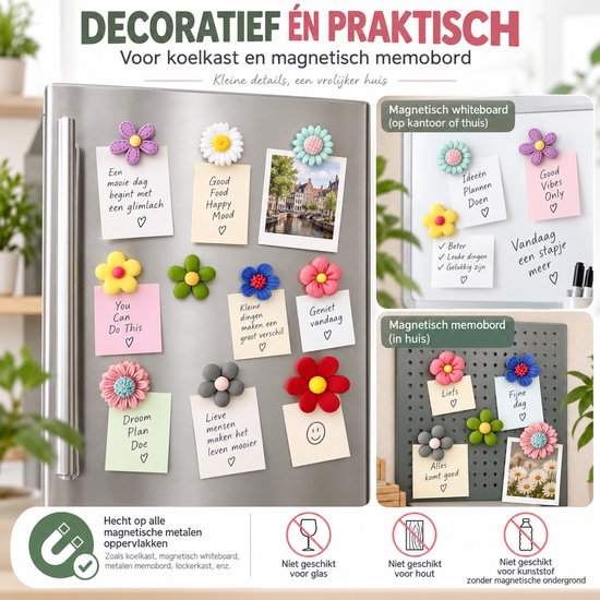 Bloemmagneten op een koelkast en memobord met tekst zoals 'Decoratief én praktisch'.