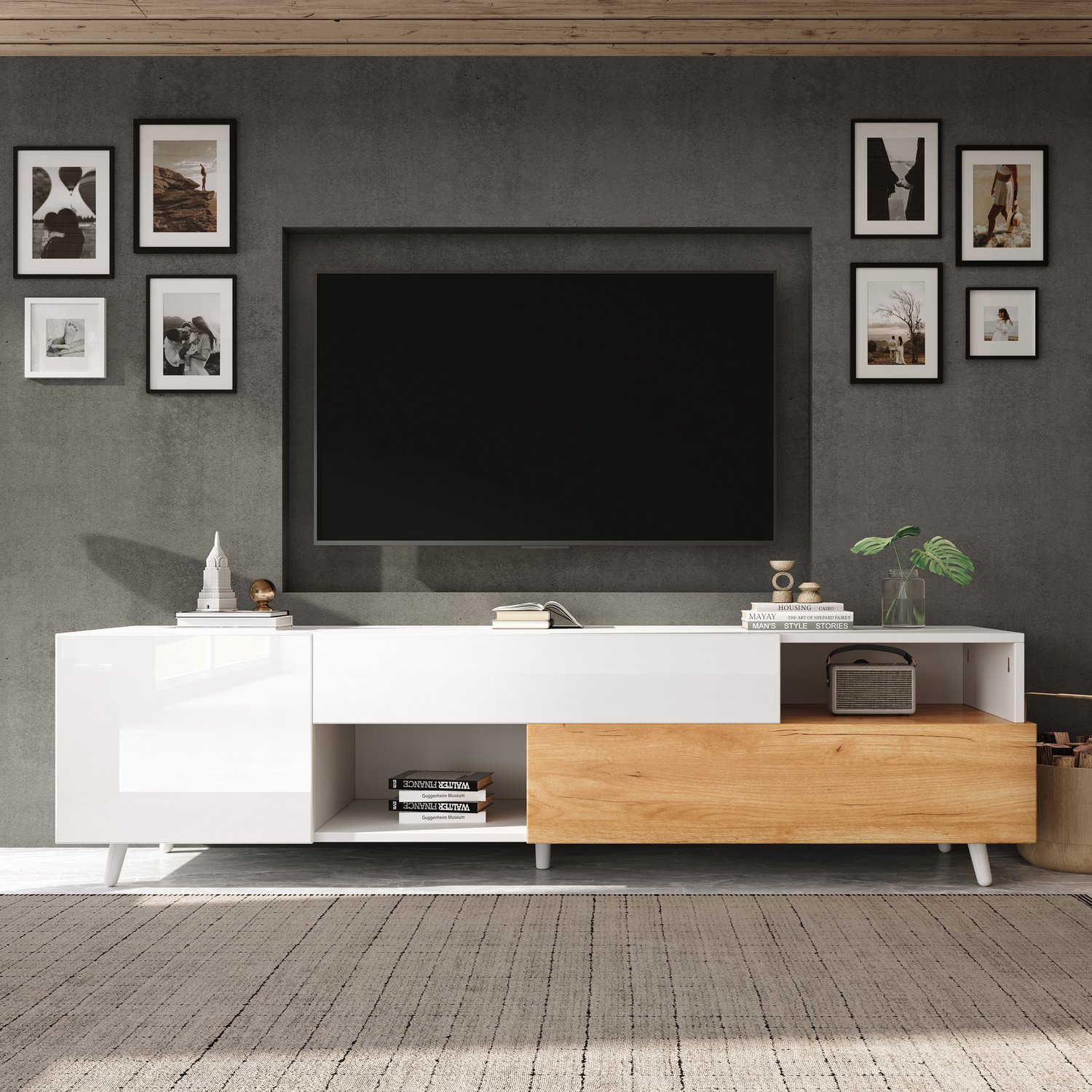 TV-meubel 180 cm - hoogglans front - 7 opbergvakken - lade - neerklapbare deur - voor tv tot 75 inch - Wit en naturel