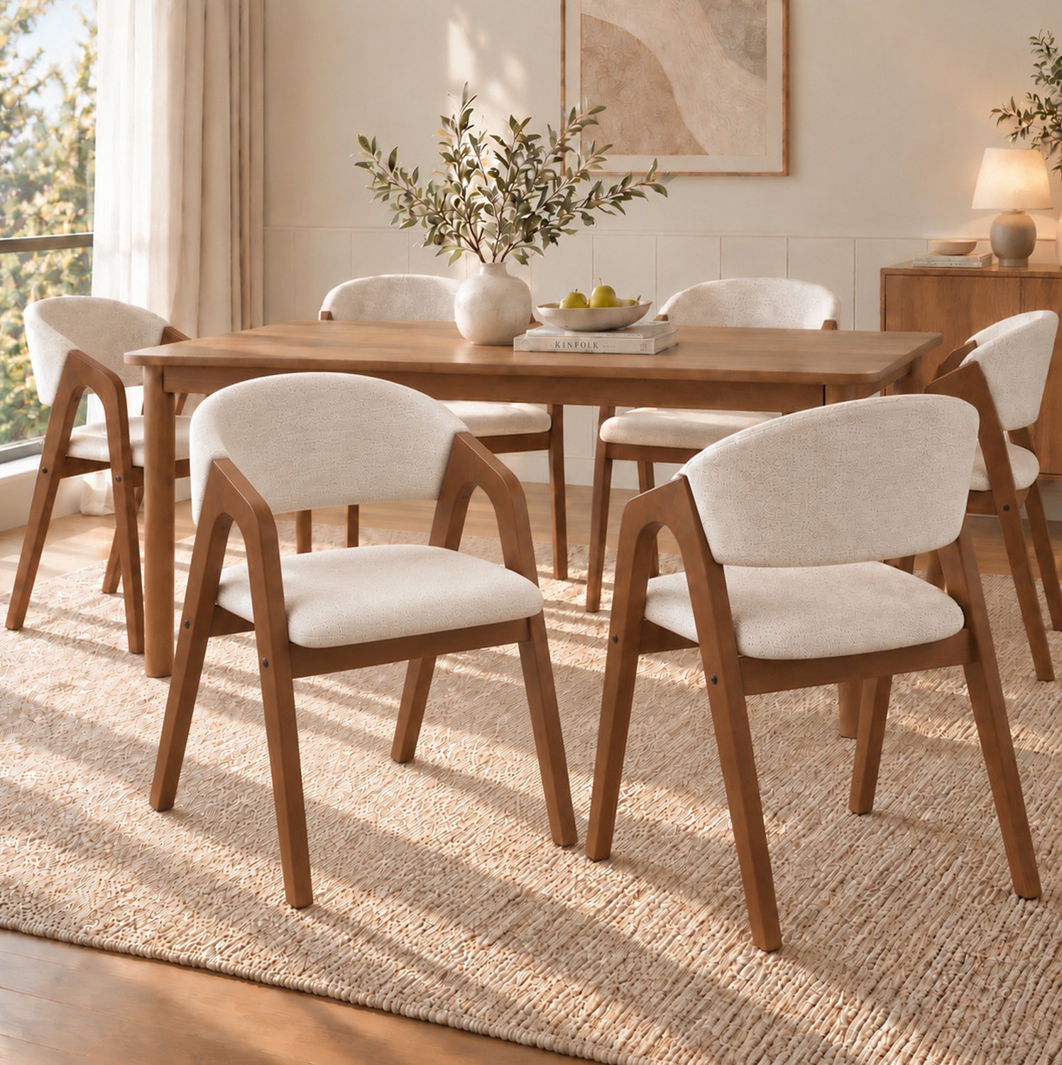 MODFU Eetkamerstoel Met Armleuningen - Gestoffeerd - Modern - Hout - Walnootkleur Beige