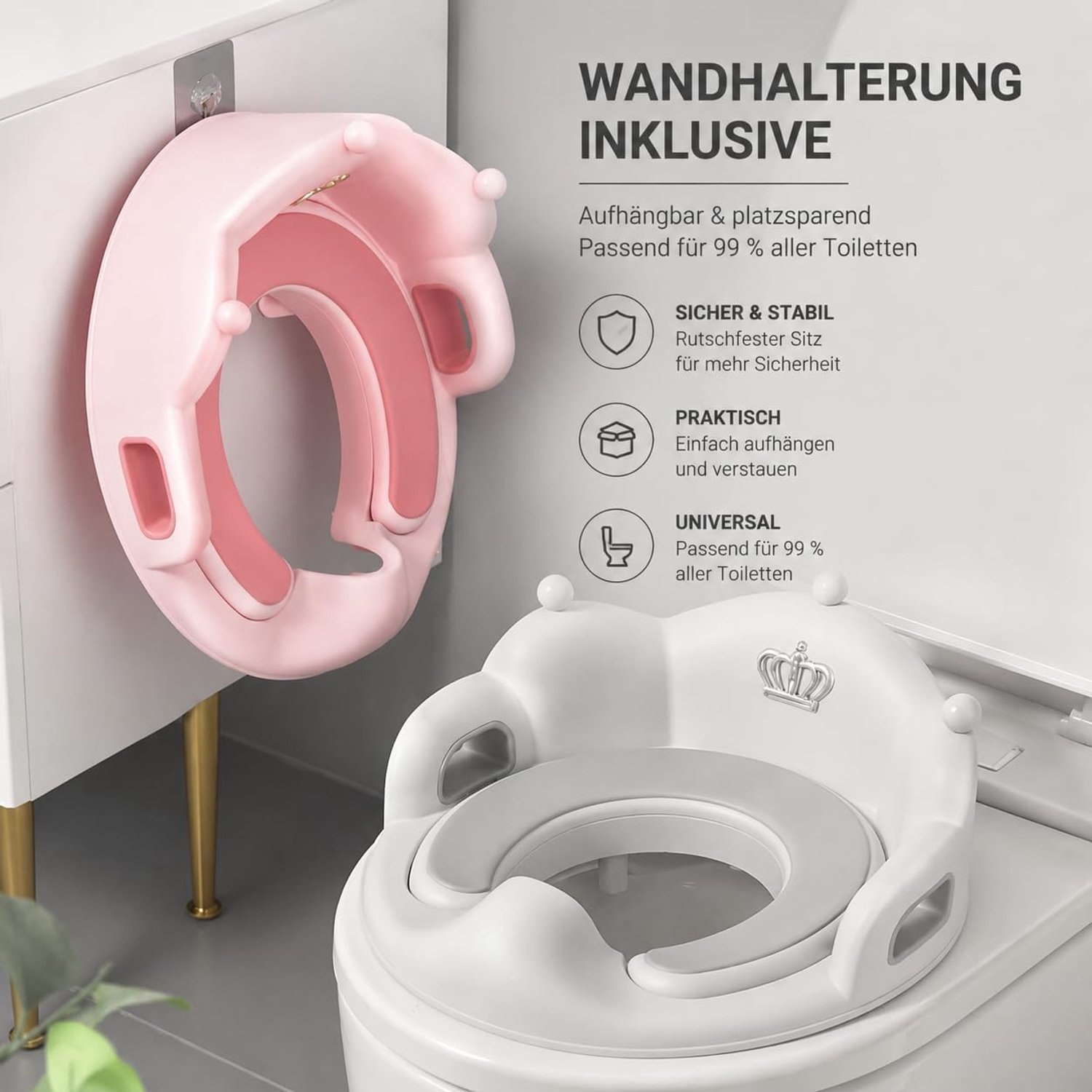 Kindertoiletbril met rugleuning en handgrepen, huidvriendelijk en zacht van PP-kunststof, toilettrainer voor kinderen, spatwaterdicht, antislip design