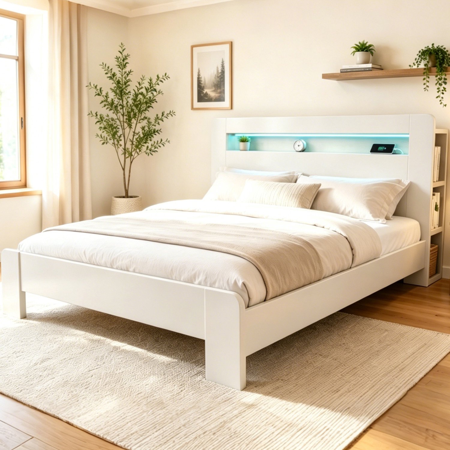 WUVRIE Tweepersoons bedframe 180x200 cm - Hoofdbord met opbergruimte, LED en stopcontacten - Wit