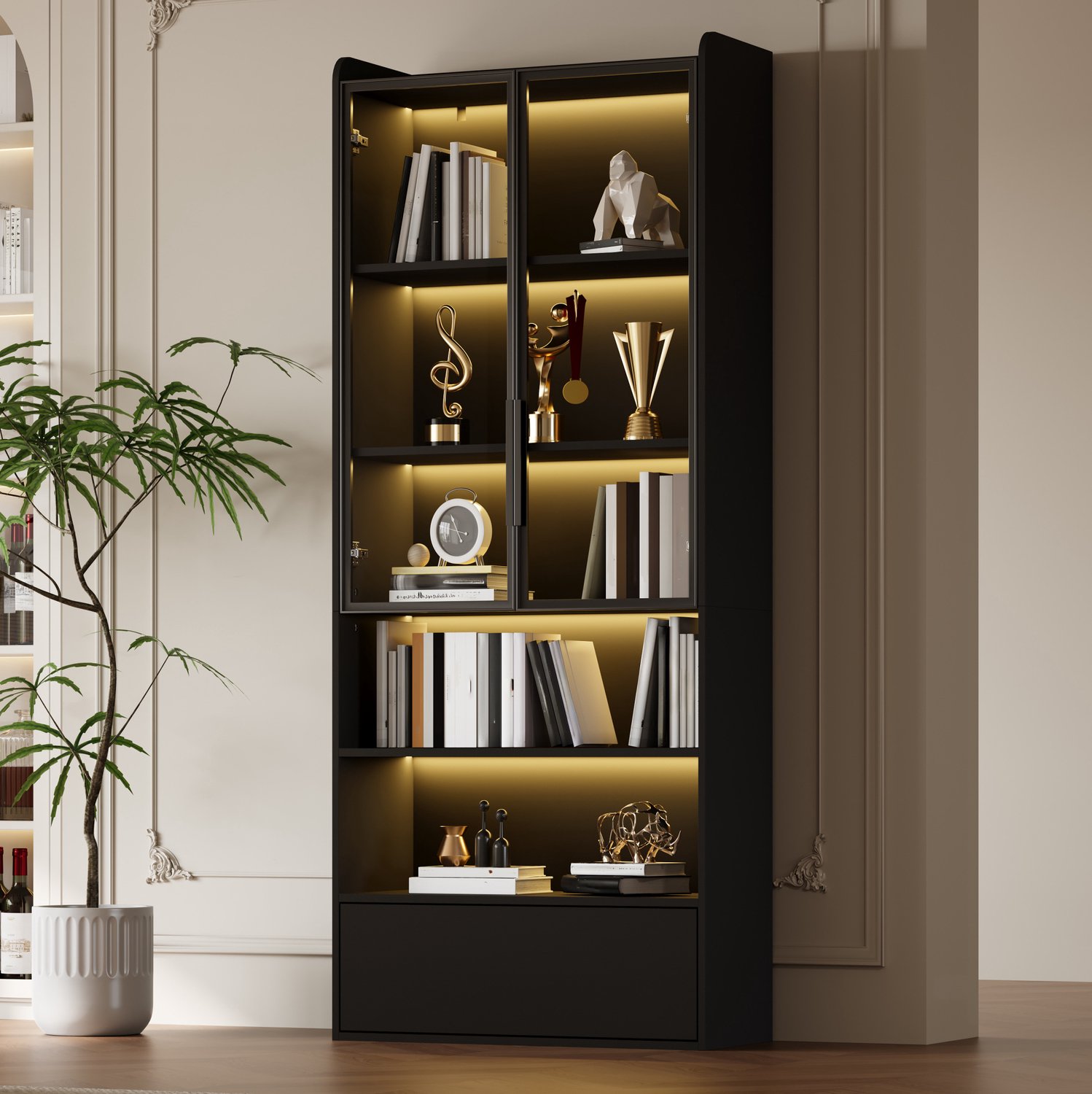 WUVRIE Vitrinekast 80x34x180 cm - 1 lade, glazen deuren en appgestuurde LED-verlichting - Zwart