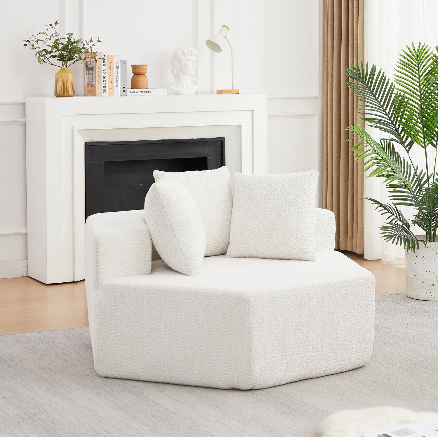 Wishdor Fauteuil - Hexagonaal modulair ontwerp - Zachte zitting met 3 kussens en armleuningen - Modern design - Woonkamer zithoek - Chenille stof - Beige - 122 x 138 x 76 cm