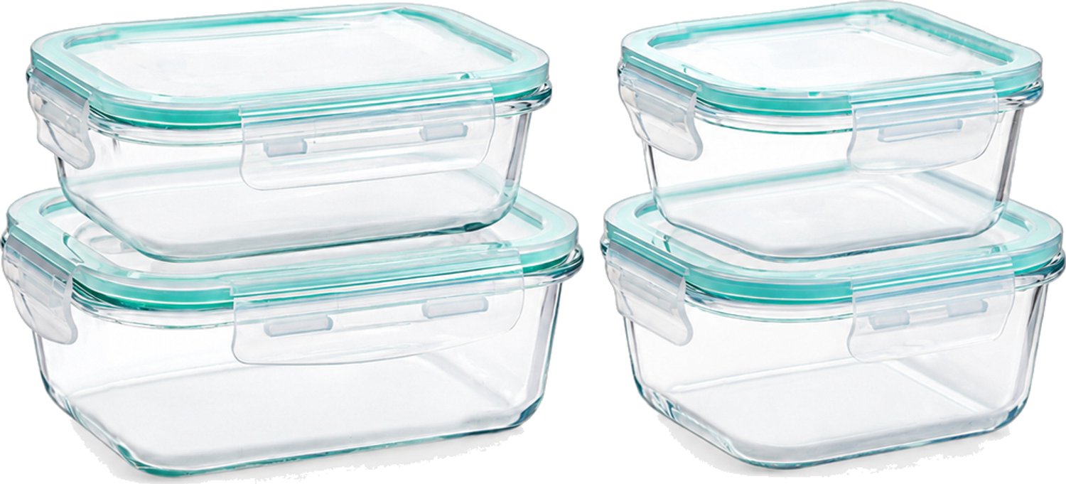 Broodtrommelset met 4 glazen bewaardozen met deksel, 520, 640, 800 en 1040 ml