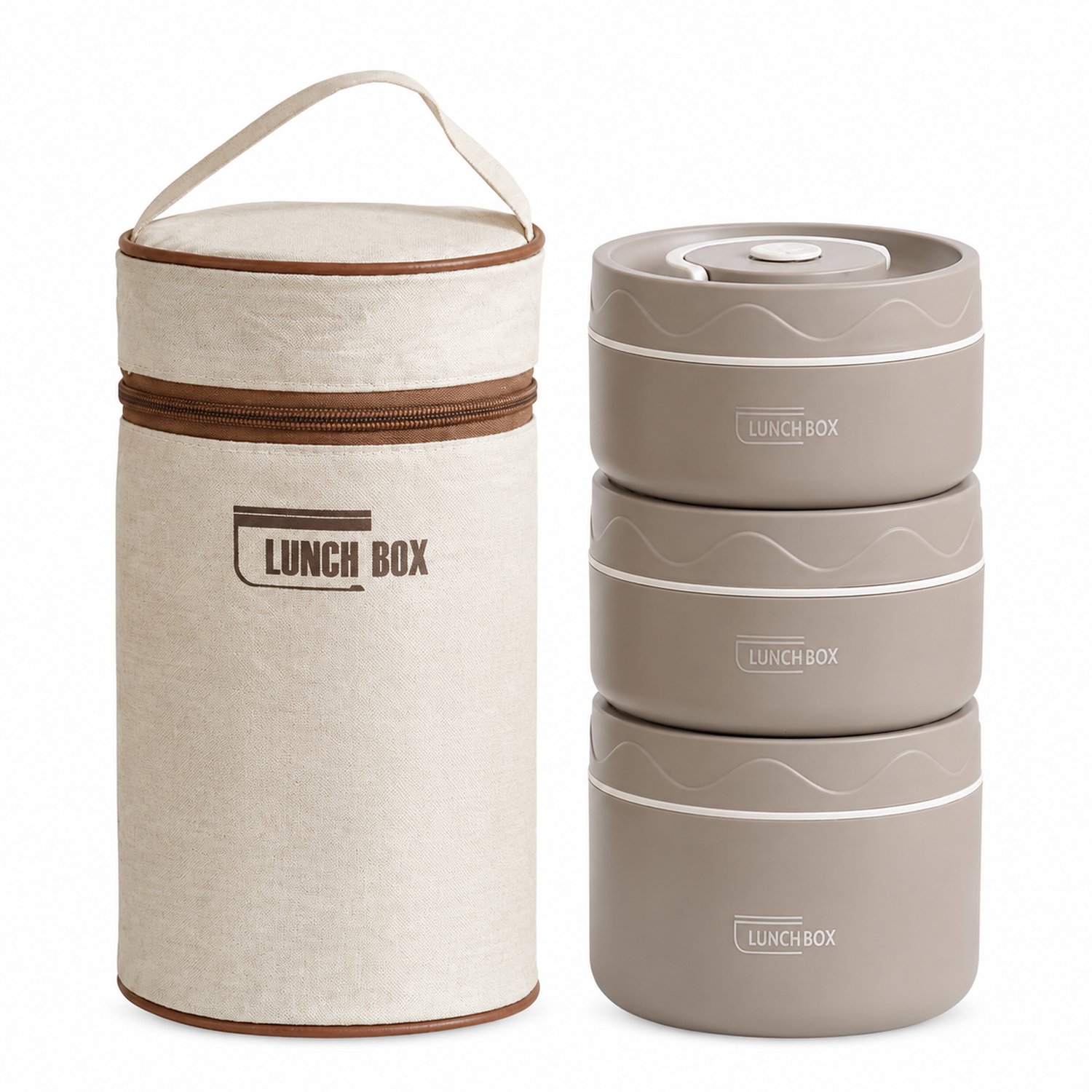 Broodtrommelset in donkerbruin, 3 ronde lunchboxen (2 × 440 ml en 1 × 600 ml) met isolerende draagtas