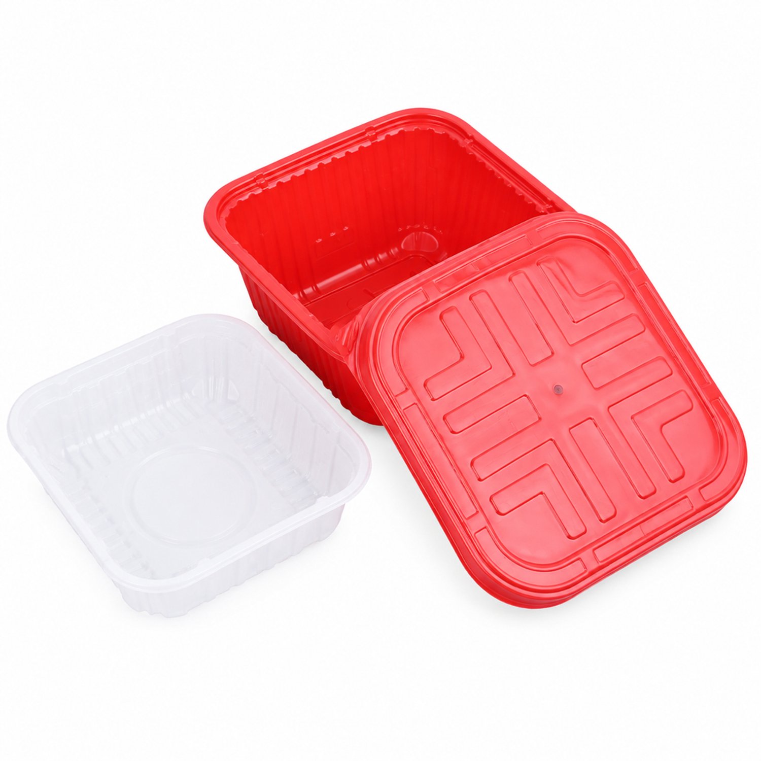 Broodtrommel met deksel, rood, 850 ml, vierkante wegwerpverpakking voor zelfverwarmende maaltijden