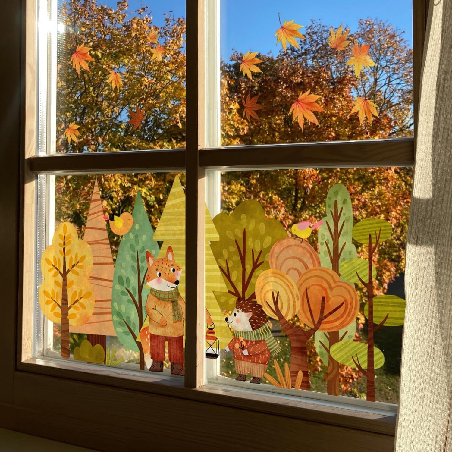 KZQ Stickers – Raamstickers met herfstdieren en -bladeren voor kinderen – Statische raamstickers met herfstdieren (vos, egel) – Herfst-raamdecoratie voor kinderkamers– 60 x 30 cm