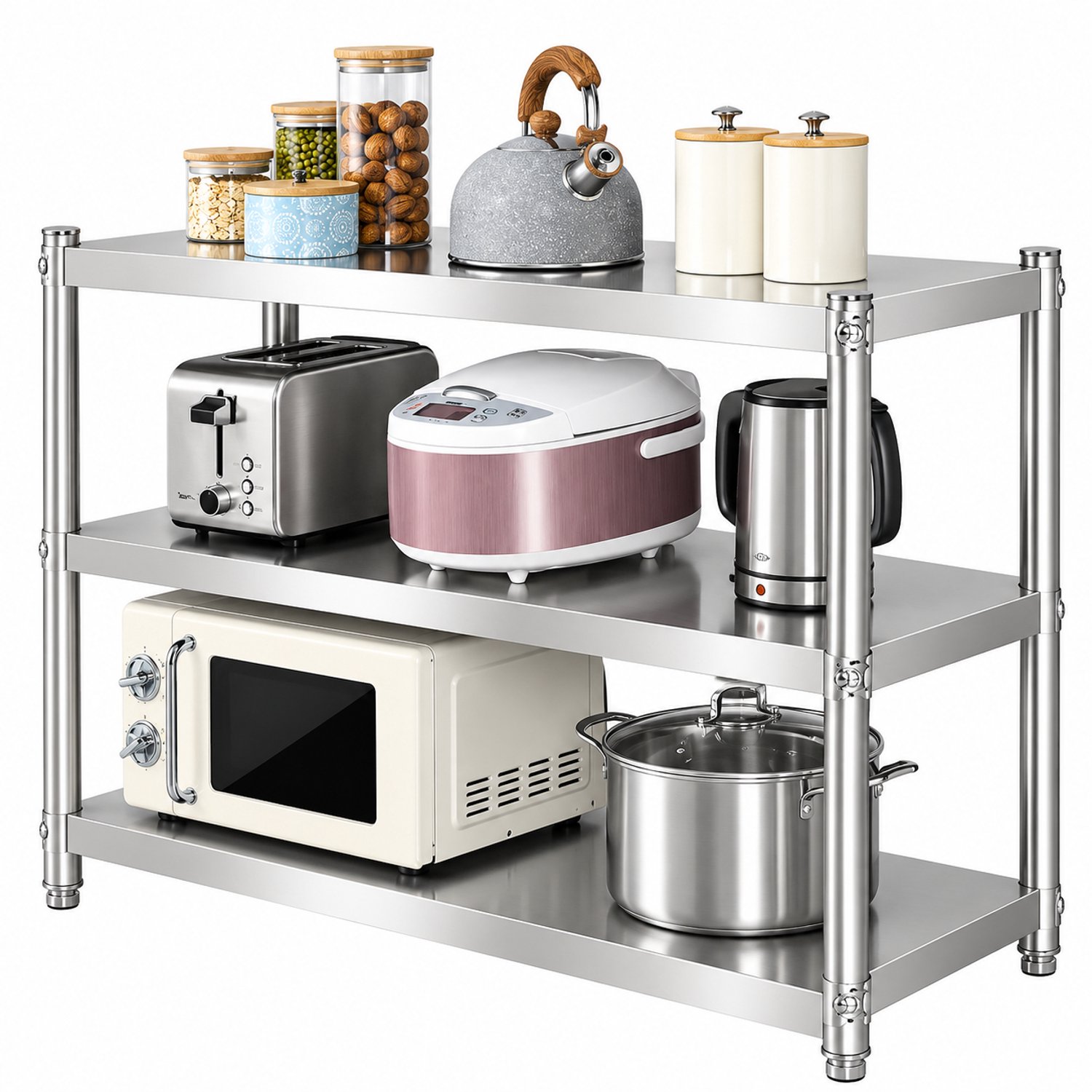 Nyoz RVS opbergrek - Keukenrek - Keuken organizers - 3 niveaus - 80 x 80 x 40 cm - Roestvrij staal - Vrijstaand - Zilver