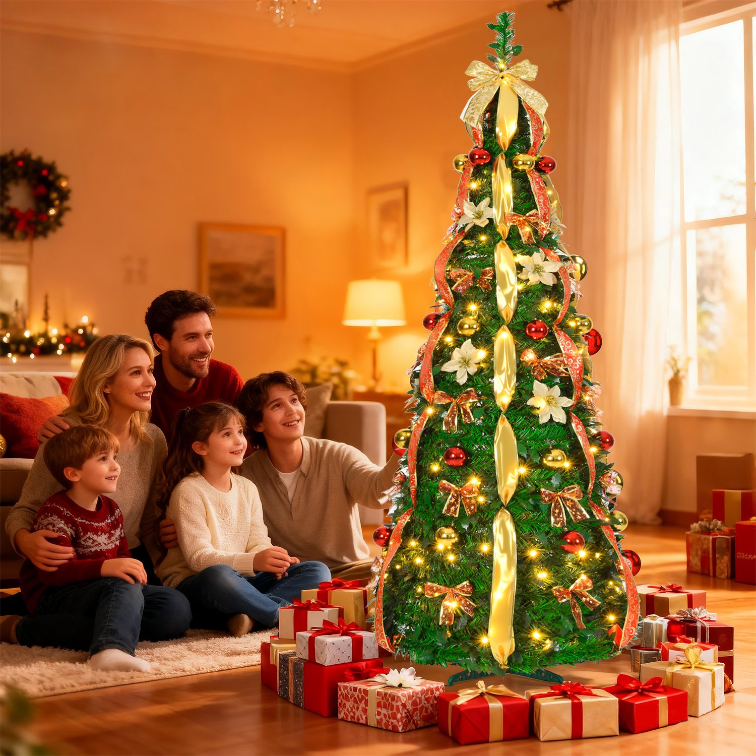 Pop-up Kerstboom 150 cm met 100 LED - 8 Lichtmodi - Rood & Goud - Inclusief Kerstballen & Linten - Opvouwbaar - NAIZY – foto 6