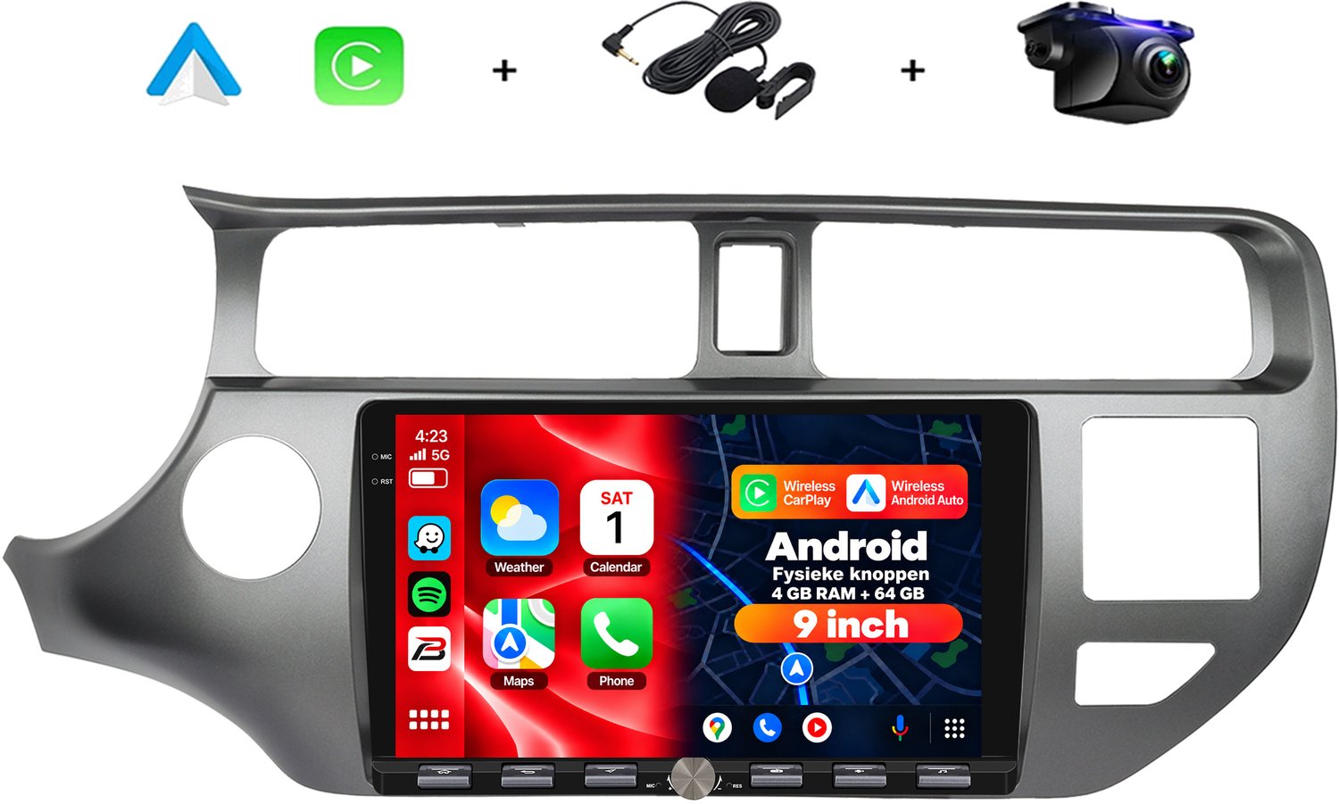 Boscer 2 DIN Android 15 Autoradio - Geschikt voor Kia Rio (2012-2014) - Draadloos Apple Carplay & Android Auto - 9 inch HD IPS Touchscreen - 4+64GB - GPS Navigatie - WIFI, Bluetooth & USB - Achteruitrijcamera & Microfoon