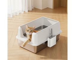 Roestvrijstalen Kattenbak Met Hoge Randen En Vooropening, Extra Grote RVS Kattenbak Voor Grote Katten, Anti-Spat En Lekvrij, Witte Kattenbak