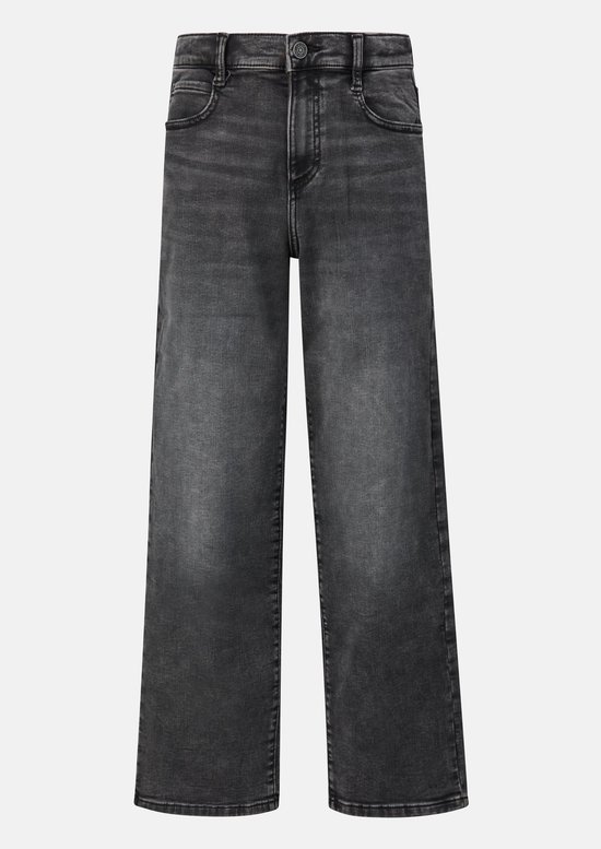 Voorzijde van een zwarte jeans met een middelhoge taille en wijde pijpen.