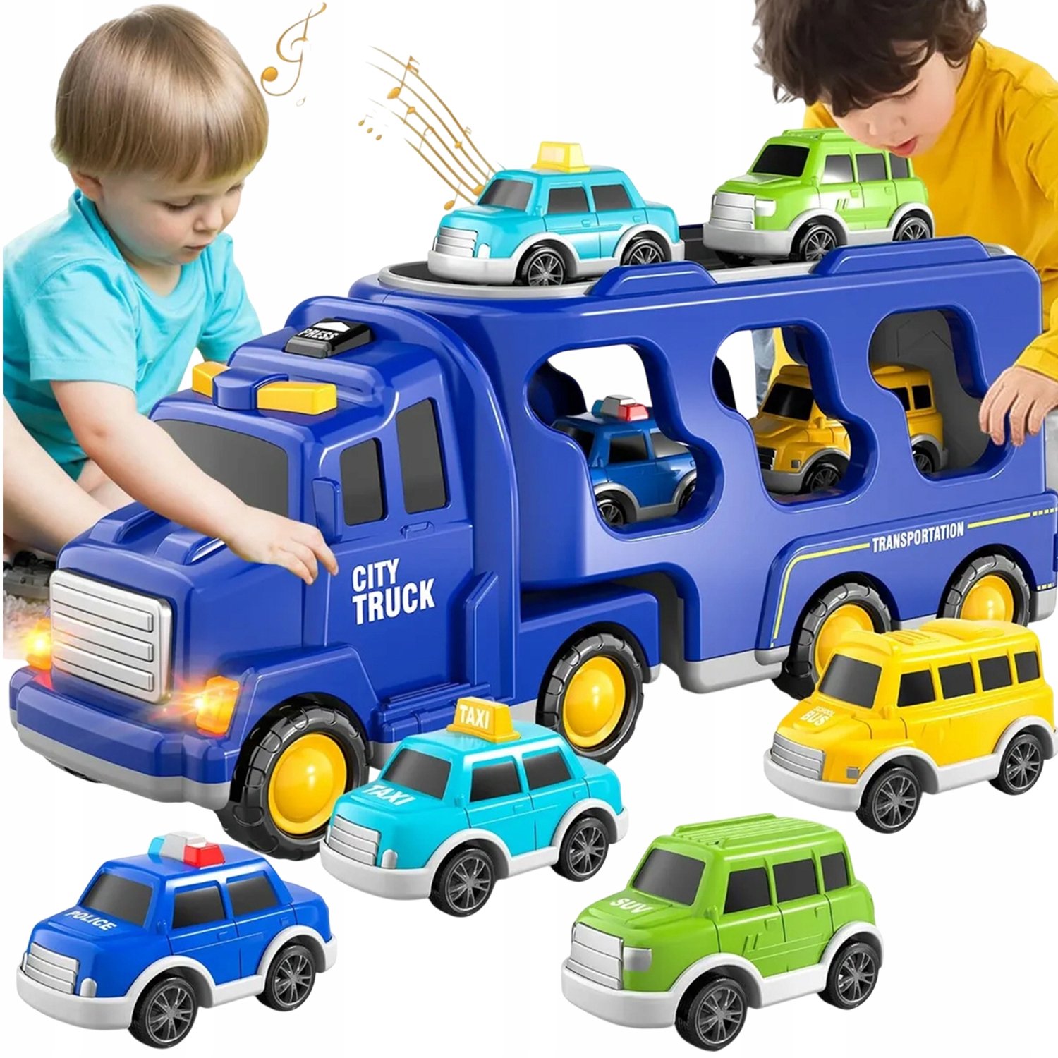 Vrachtwagen Speelgoedset - Grote Transporttruck - Transportvoertuig Speelset - 5-in-1 Vrachtwagentransporter - Incl. 4 Kleine Auto's - Licht & Geluid - Traagheidsaandrijving - Educatief Speelgoed - Rollenspel - Voor Kinderen 3-7 Jaar