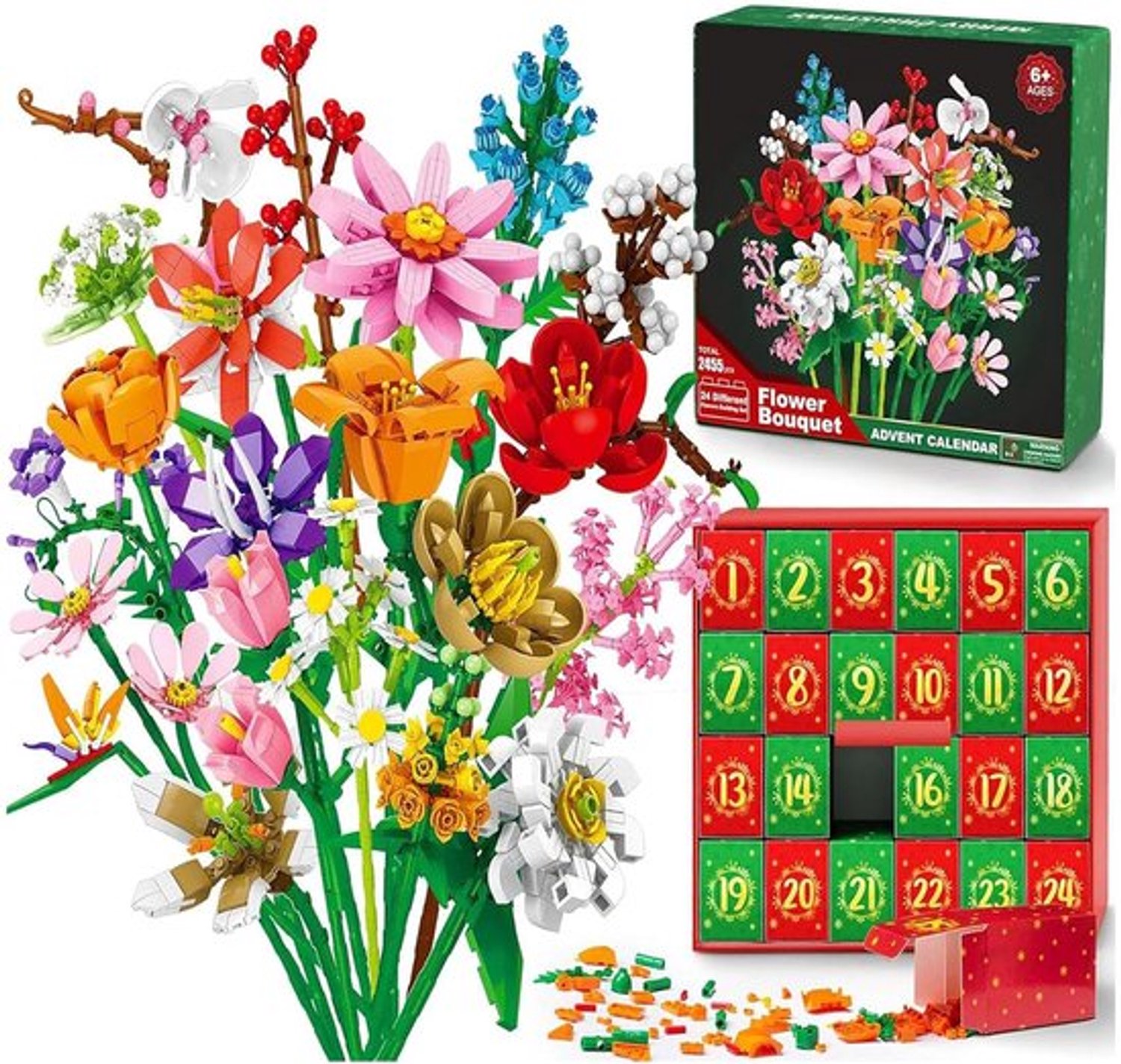 Adventskalender 2026 - 24-daagse adventskalender, kerstkalender met bouwblokken in de vorm van een boeket - speelgoedset met bouwblokken in de vorm van kunstbloemen