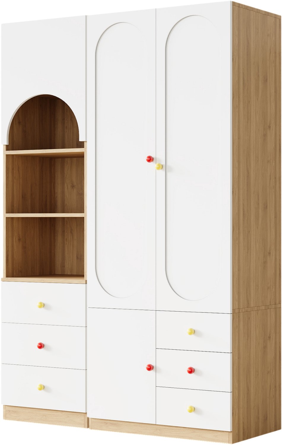 Ropilly Kledingkast Met Opbergkast - 130 x 50 x 200 cm - Met Kledingroede, Legplanken En Laden - Wit En Houtlook - MDF Voor Slaapkamer En Kinderkamer Wit+Natuurlijk