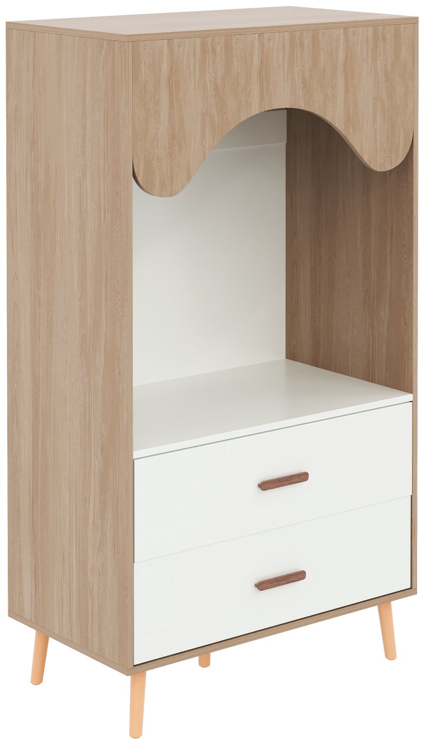 Open Kinderkledingkast - 80 x 46 x 141,5 cm - Met Kledingroede En Twee Lades - Massief Houten Handgrepen - Wit En Natuurlijke Houtlook