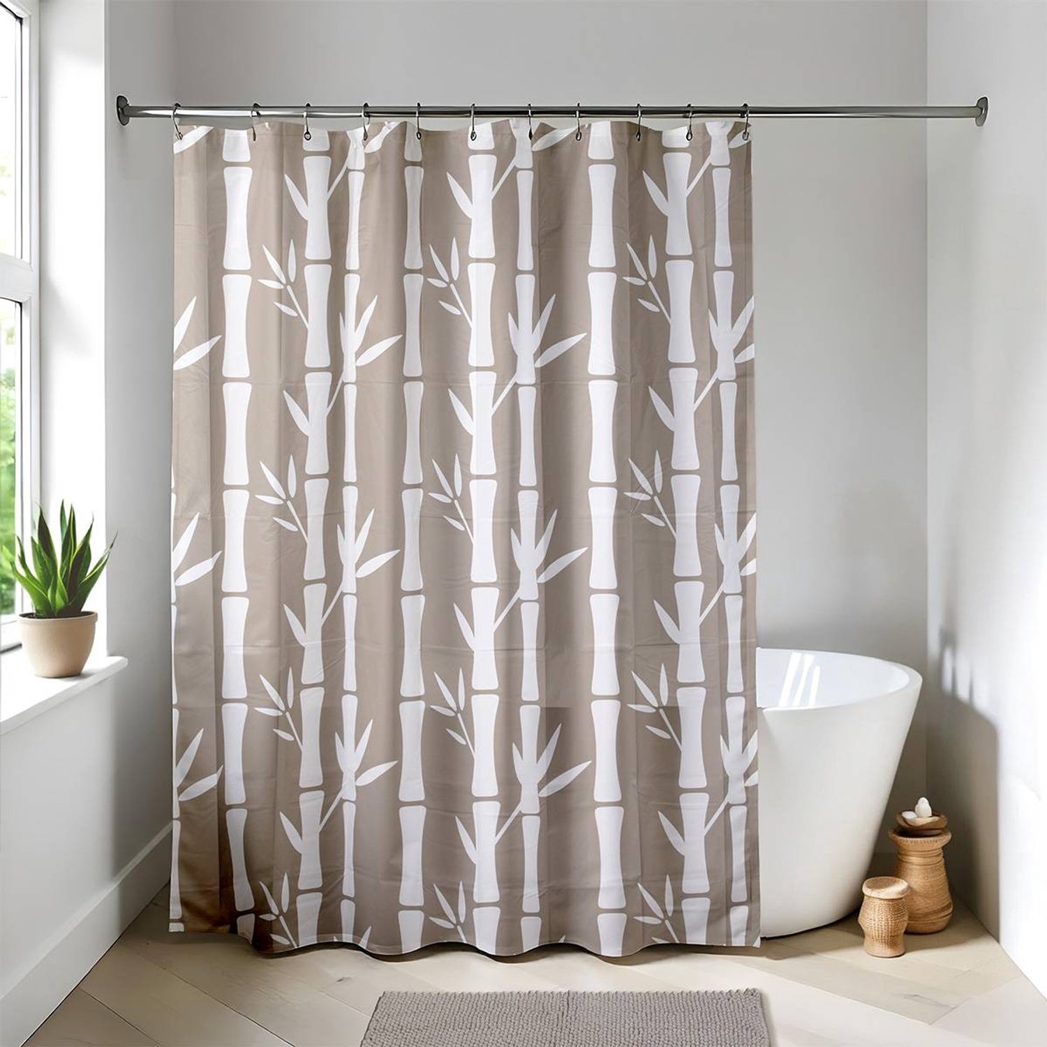 Rideau de douche en plastique 180 x 180 cm avec 12 anneaux blancs décor Bahia