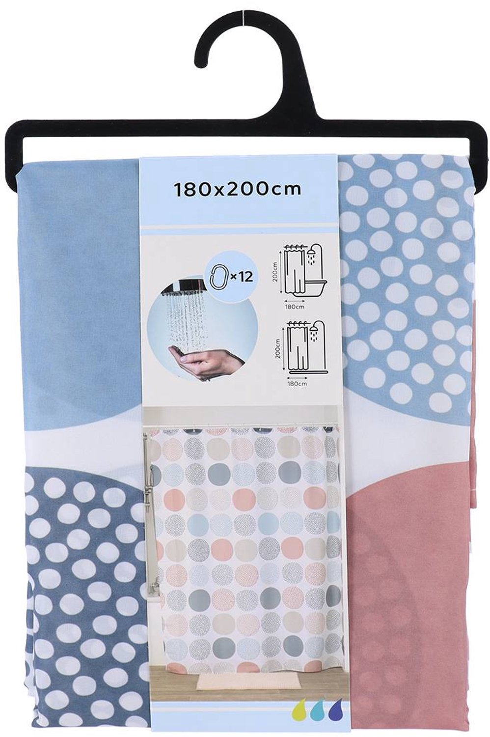 Rideau de douche en polyester décor Gaia 180 x 200 cm avec 12 anneaux blancs