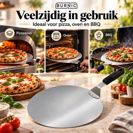 Ronde RVS pizzaschep getoond bij gebruik in een oven en op een BBQ, met zwarte handgreep.