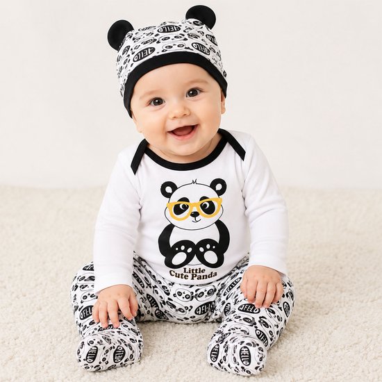 Jungengel Baby Kledingset 3-delig Panda - Romper Broekje met Voetjes Muts met Oortjes - 100% Katoen Zwart Wit - Maat 56 (0-3 Maanden) Newborn - Eerste Babykleding Unisex - Kraamcadeau Babyshower Geboorte — afbeelding 3