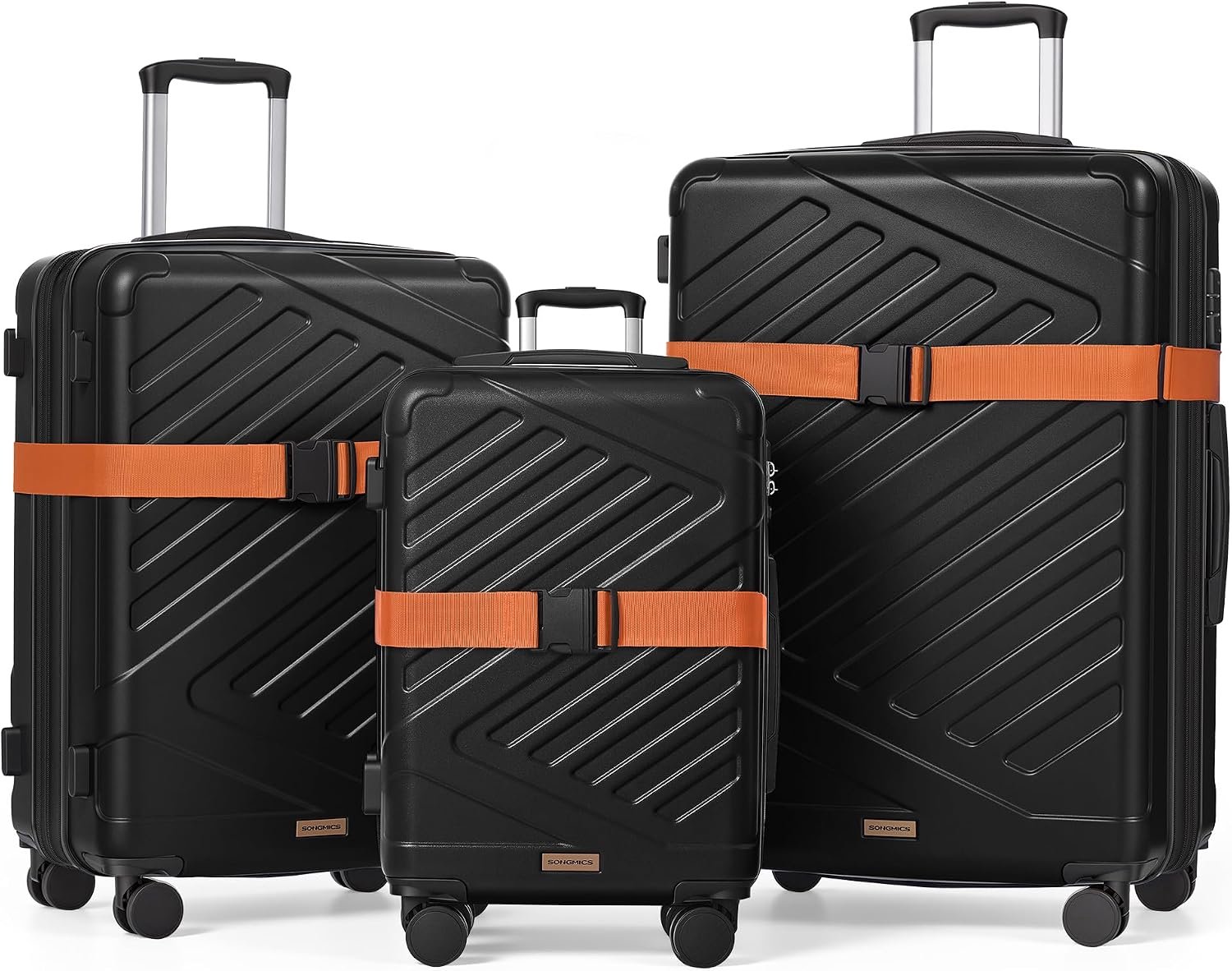 SONGMICS Harde koffer, TSA-slot, inclusief spanbanden, ABS-koffer met 4 dubbele wielen, 3-delige set, uitbreidbaar, handbagage/M/L/XL, 55/65/75 cm, inktzwart
