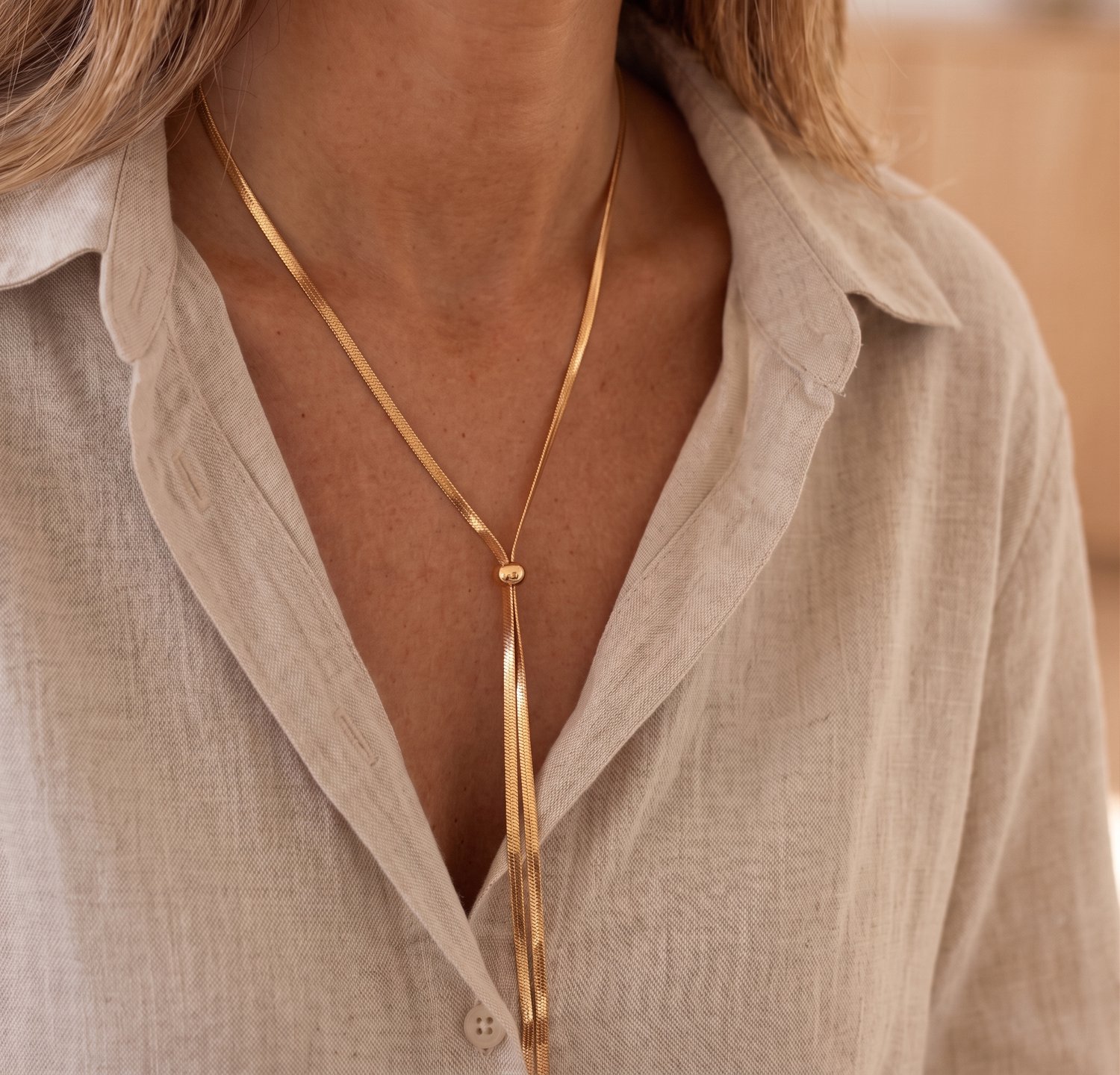 Y-Ketting Dames met Slangenketting - Verstelbare Lasso Ketting met Schuifkraal - 110 cm - Roestvrij Staal - Goudkleurig